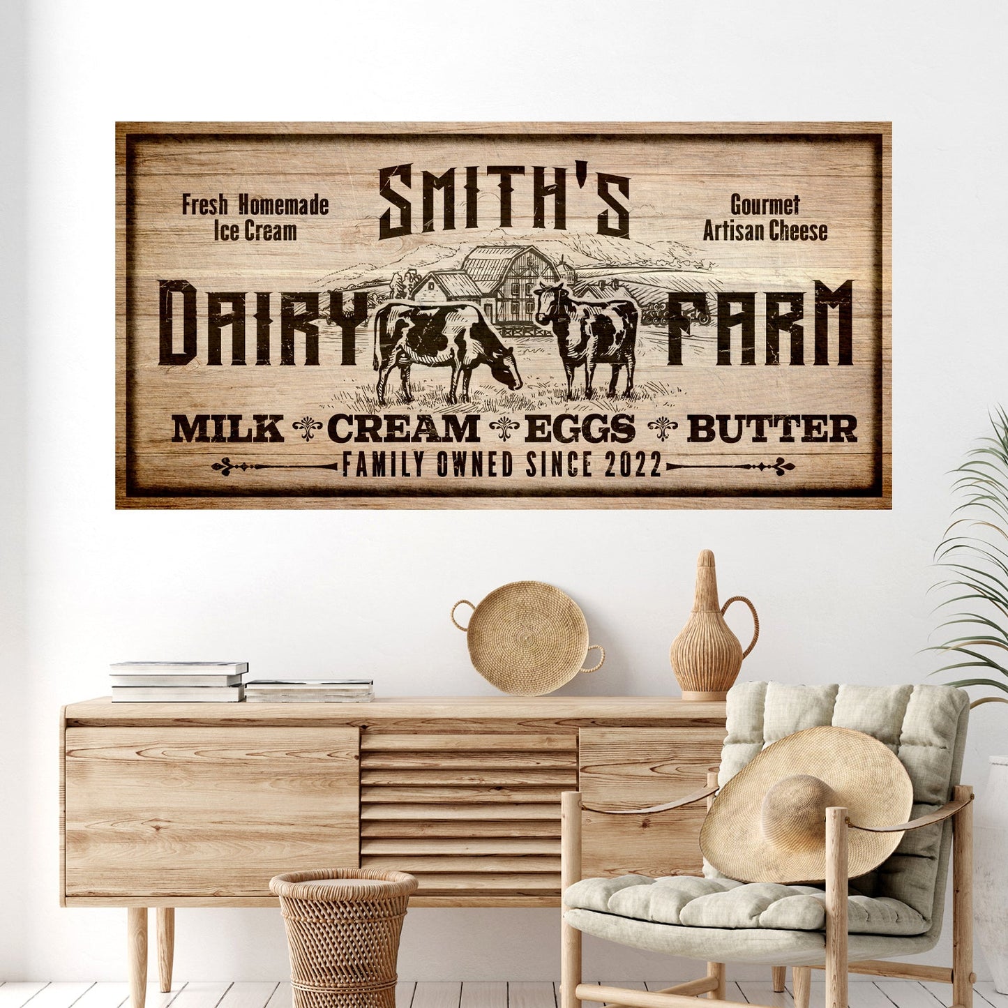 Dairy Farm Sign II canvas wall art with rustic wood grain and cows by Tailored Canvases on Tampa Home & Garden Store