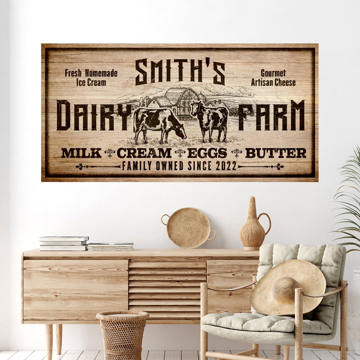 Dairy Farm Sign II canvas wall art with rustic wood grain and cows by Tailored Canvases on Tampa Home & Garden Store