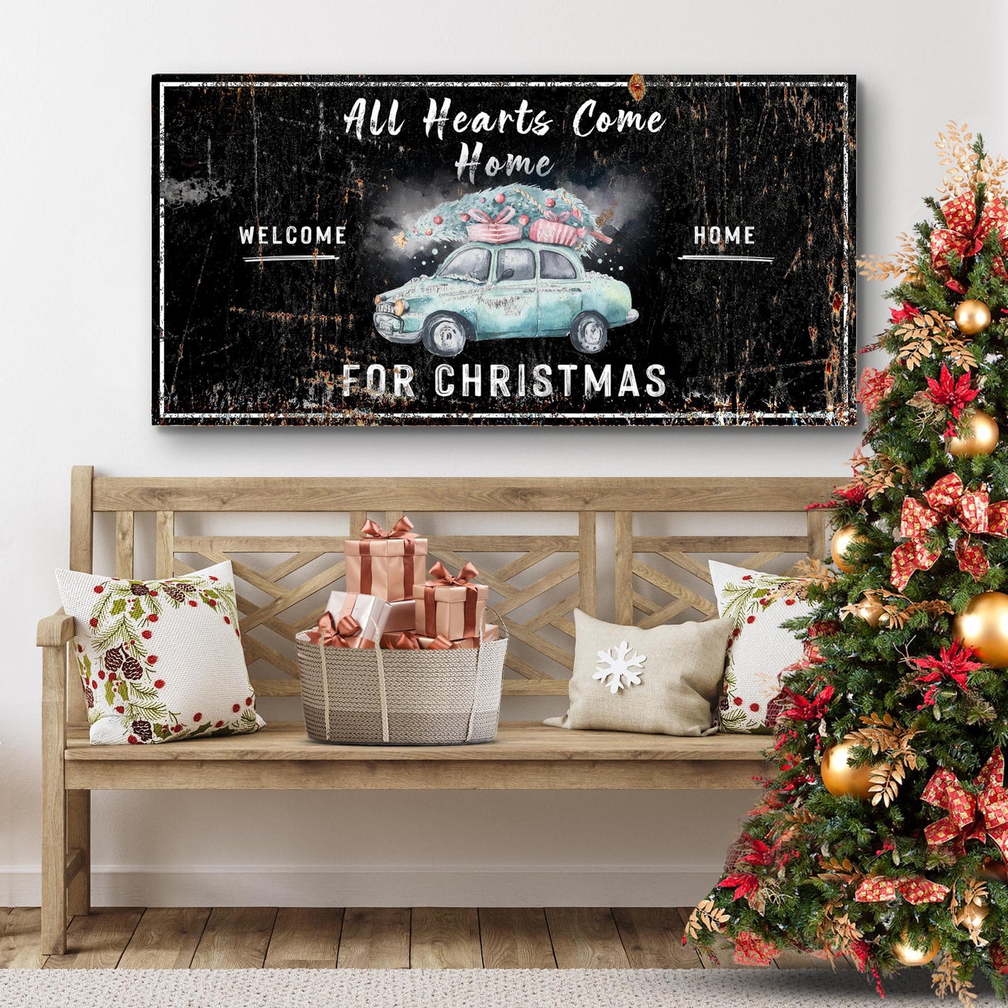 All Hearts Come Home For Christmas Sign canvas by Tailored Canvases, black with blue car on Tampa Home & Garden Store