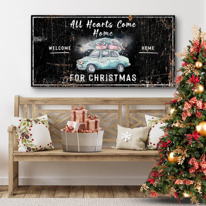 All Hearts Come Home For Christmas Sign canvas by Tailored Canvases, black with blue car on Tampa Home & Garden Store