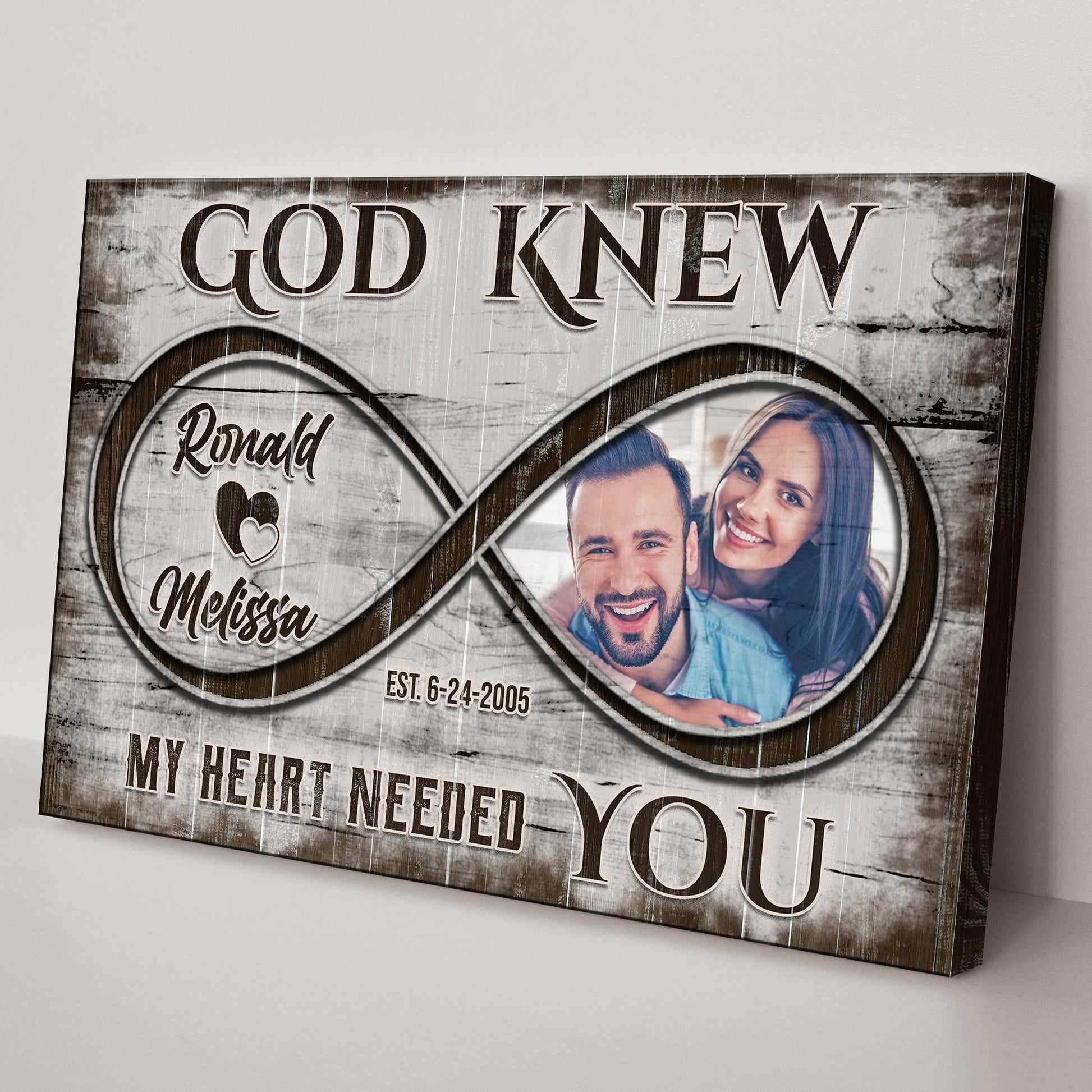 Canvas God Knew Couple Sign II by Tailored Canvases, rustic wood-look Crafting Canvas with circular photo portraits on Tampa Home & Garden Store