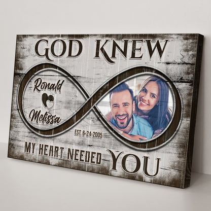 Canvas God Knew Couple Sign II by Tailored Canvases, rustic wood-look Crafting Canvas with circular photo portraits on Tampa Home & Garden Store