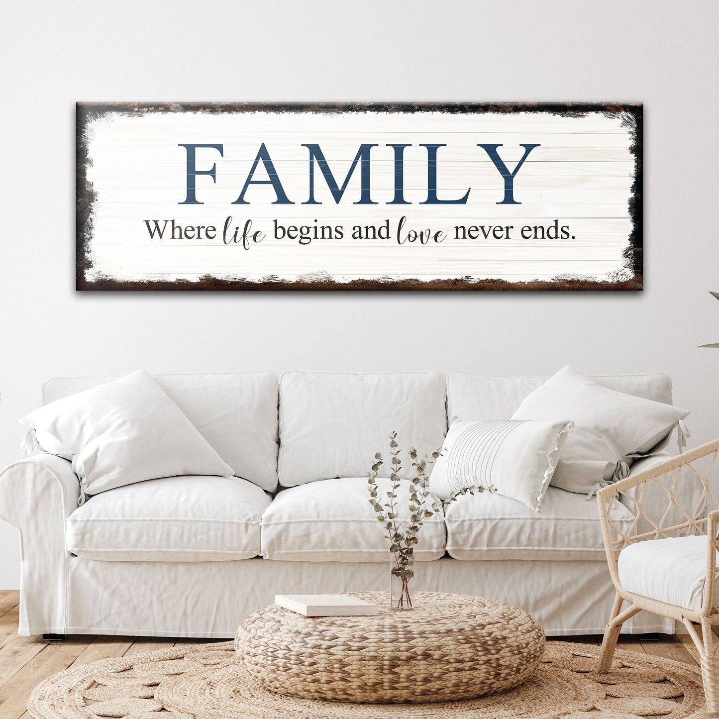 Canvas sign 8 Powerful Words Family Sign II with navy FAMILY on whitewashed wood on Tampa Home & Garden Store