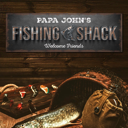 Fishing Shack Sign II canvas by Tailored Canvases with rustic gray plaque and fish on Tampa Home & Garden Store