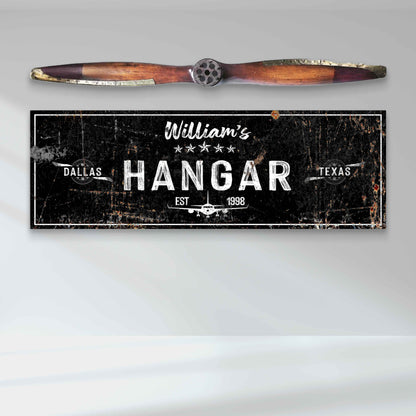 Hangar Sign II canvas craft with black background and HANGAR text by Tailored Canvases on Tampa Home & Garden Store
