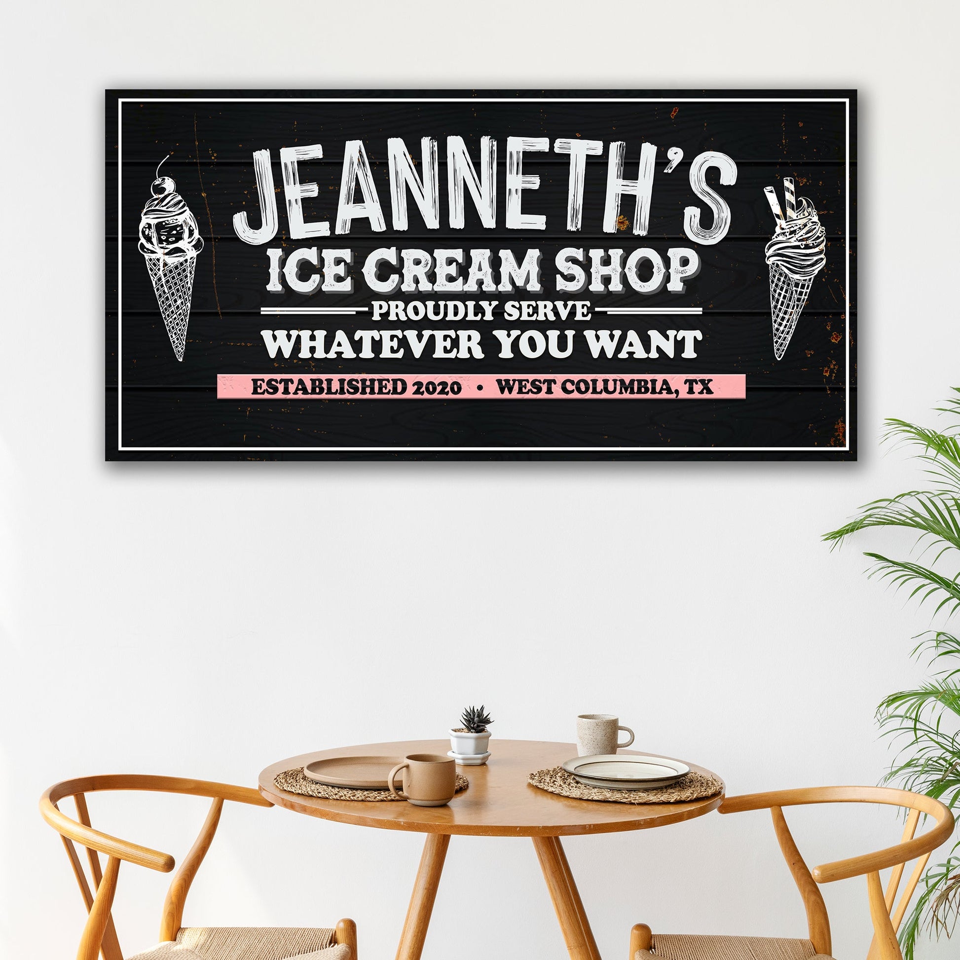 Ice Cream Shop Sign canvas by Tailored Canvases on black wood with white brush lettering and ice cream cone accents on Tampa Home & Garden Store