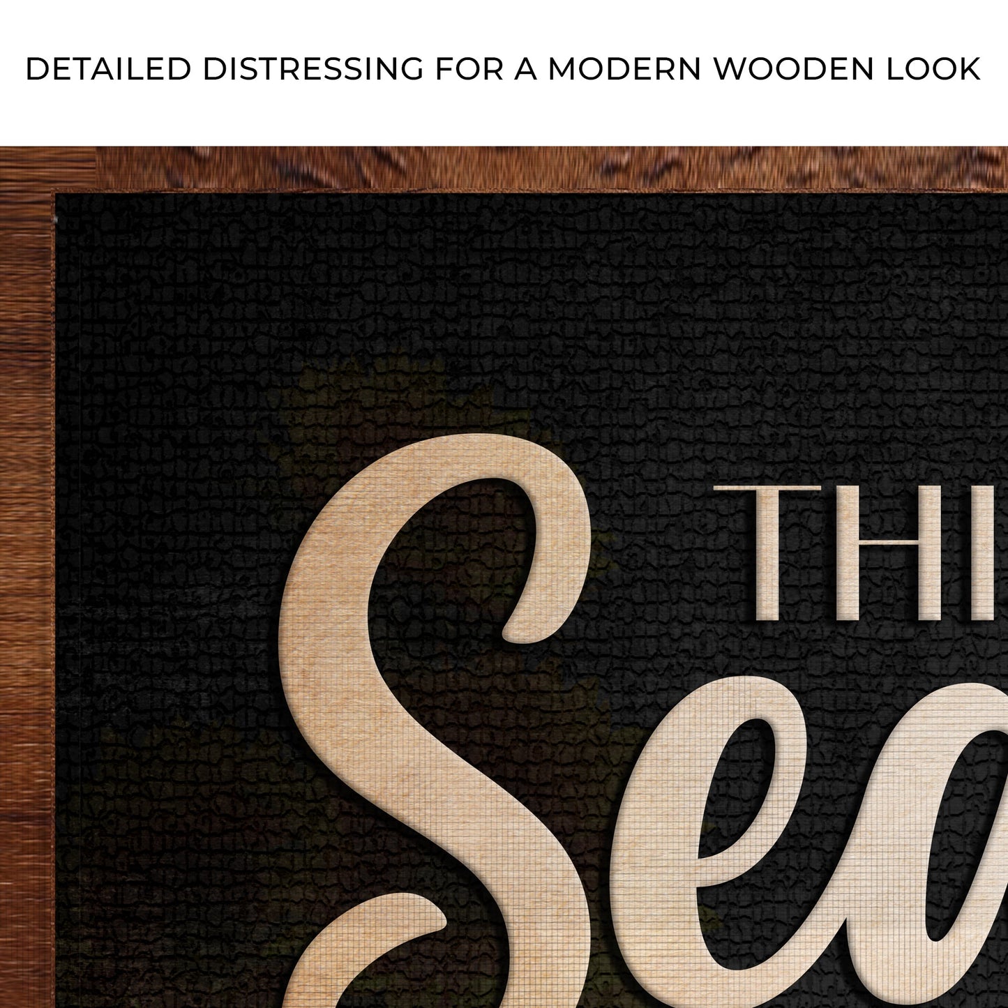This Kitchen Is Seasoned With Love sign canvas with script on black backdrop framed in wood on Tampa Home & Garden Store