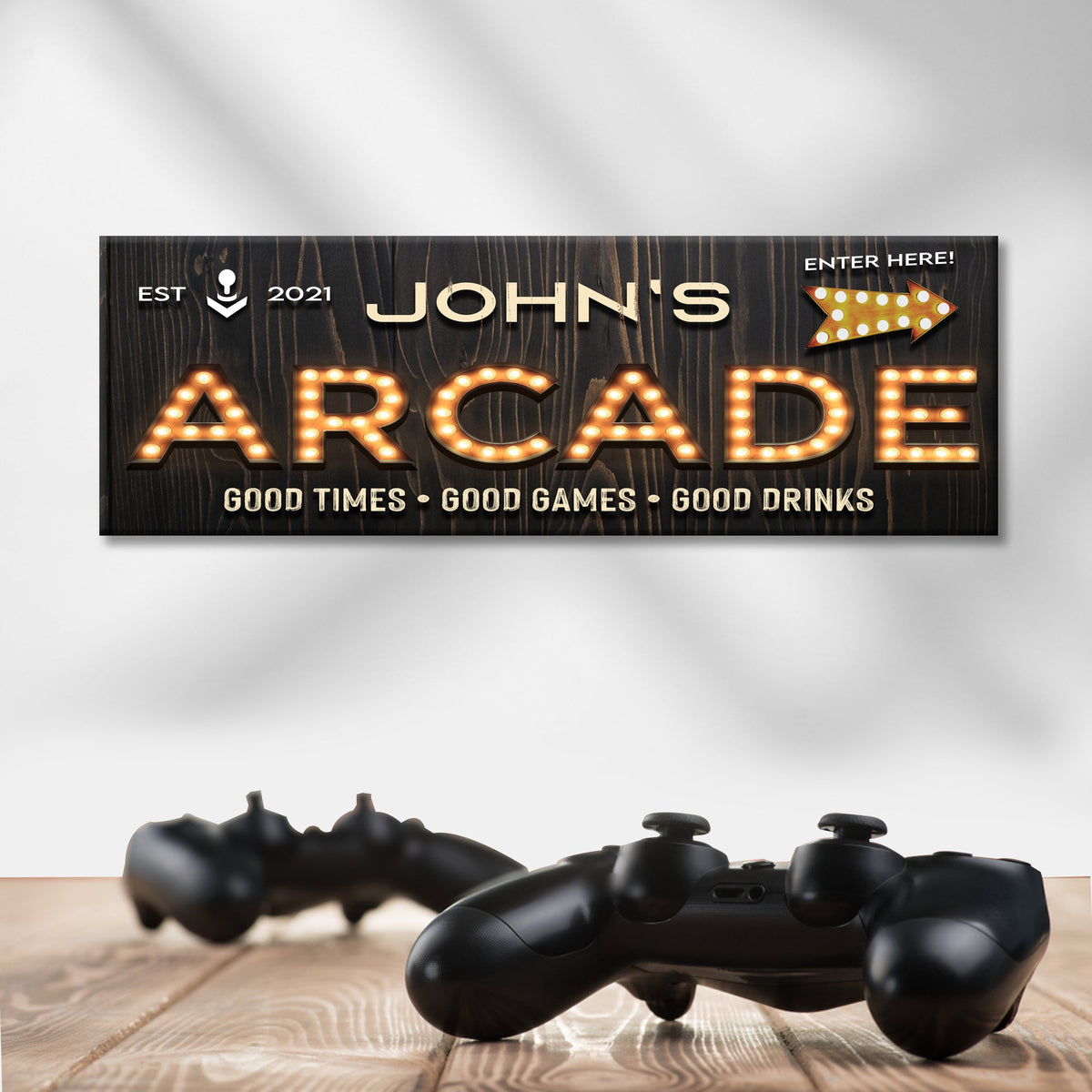 Arcade Enter Here Sign canvas by Tailored Canvases; dark wood backdrop with lit marquee letters on Tampa Home & Garden Store