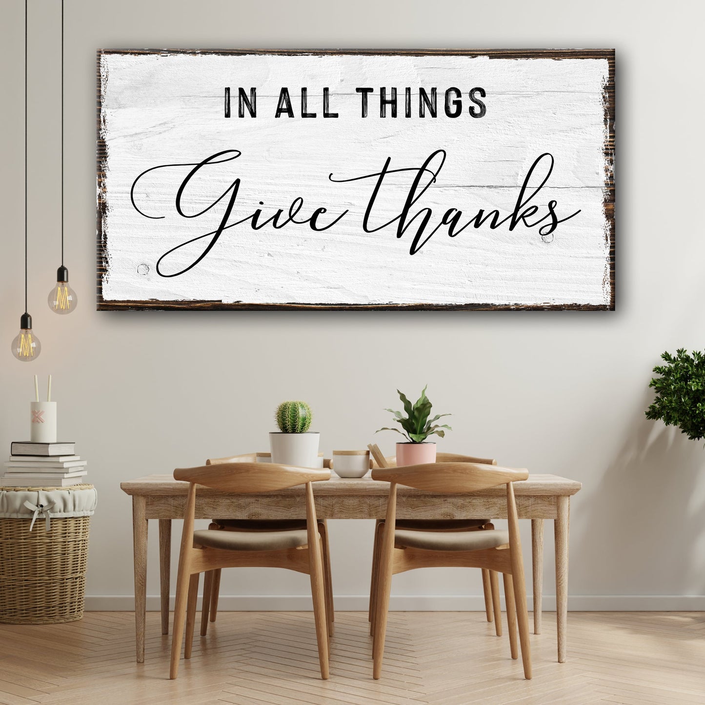In All Things Give Thanks Sign canvas Tailored Canvases, distressed wood with black script on Tampa Home & Garden Store