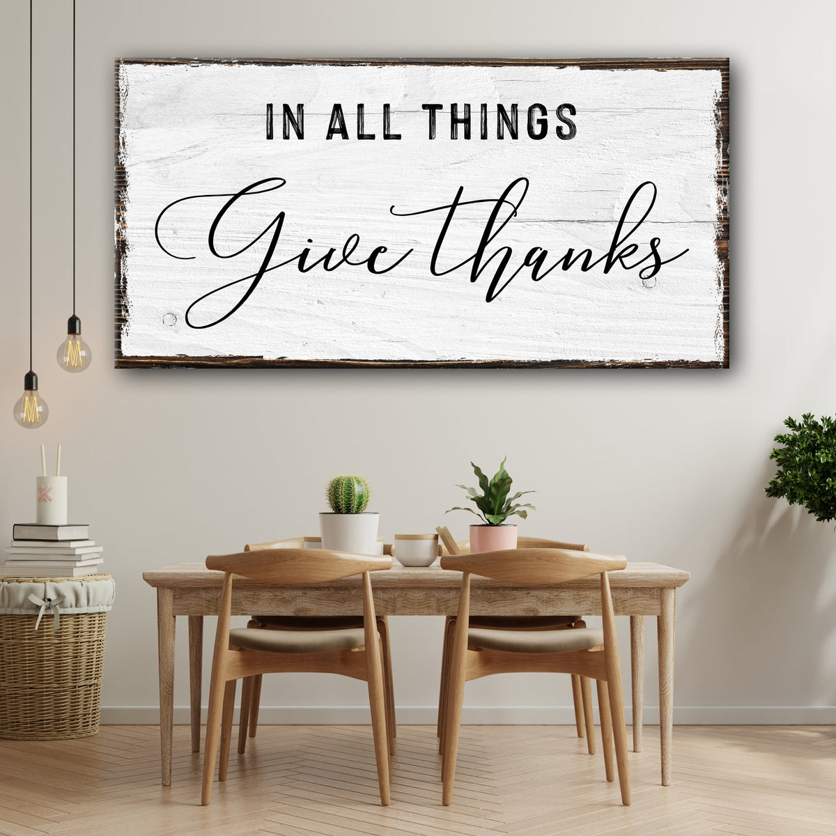 In All Things Give Thanks Sign canvas Tailored Canvases, distressed wood with black script on Tampa Home & Garden Store