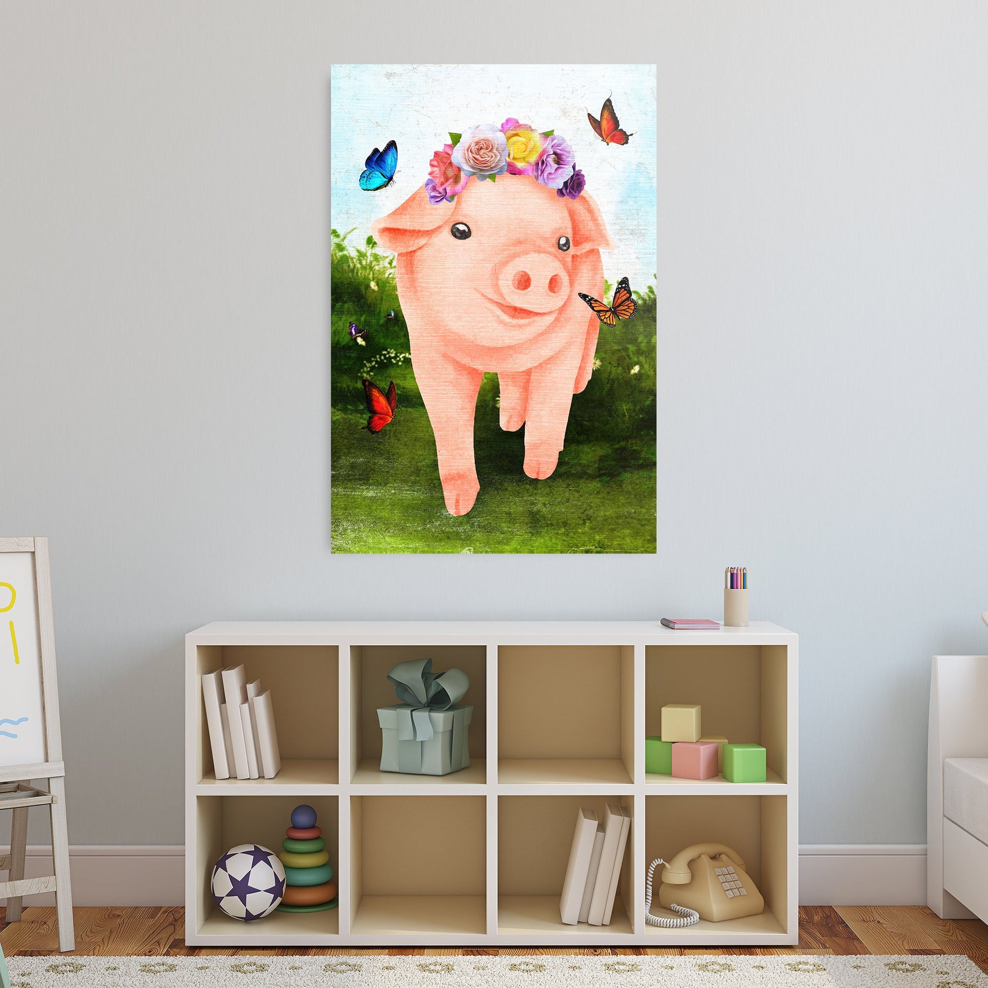 The Most Adorable Pig Canvas Wall Art pink pig with floral crown butterflies Tailored Canvases on Tampa Home & Garden Store