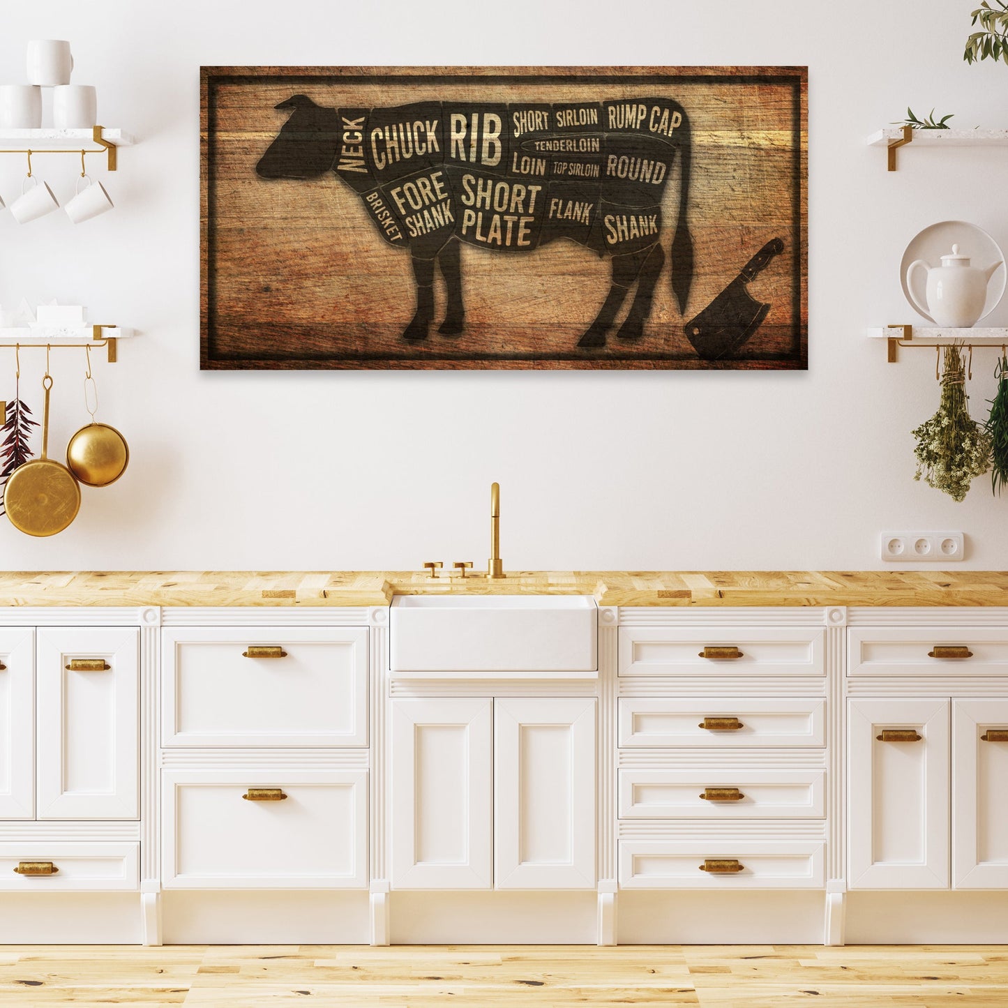 Cow Butcher Kitchen Sign II canvas wall art by Tailored Canvases on rustic wood on Tampa Home & Garden Store
