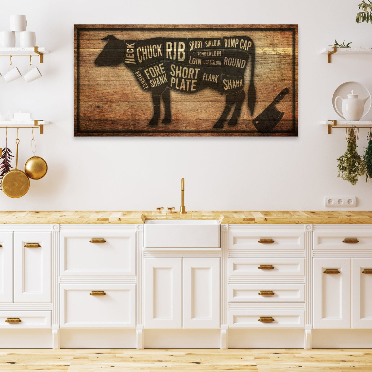 Cow Butcher Kitchen Sign II canvas wall art by Tailored Canvases on rustic wood on Tampa Home & Garden Store