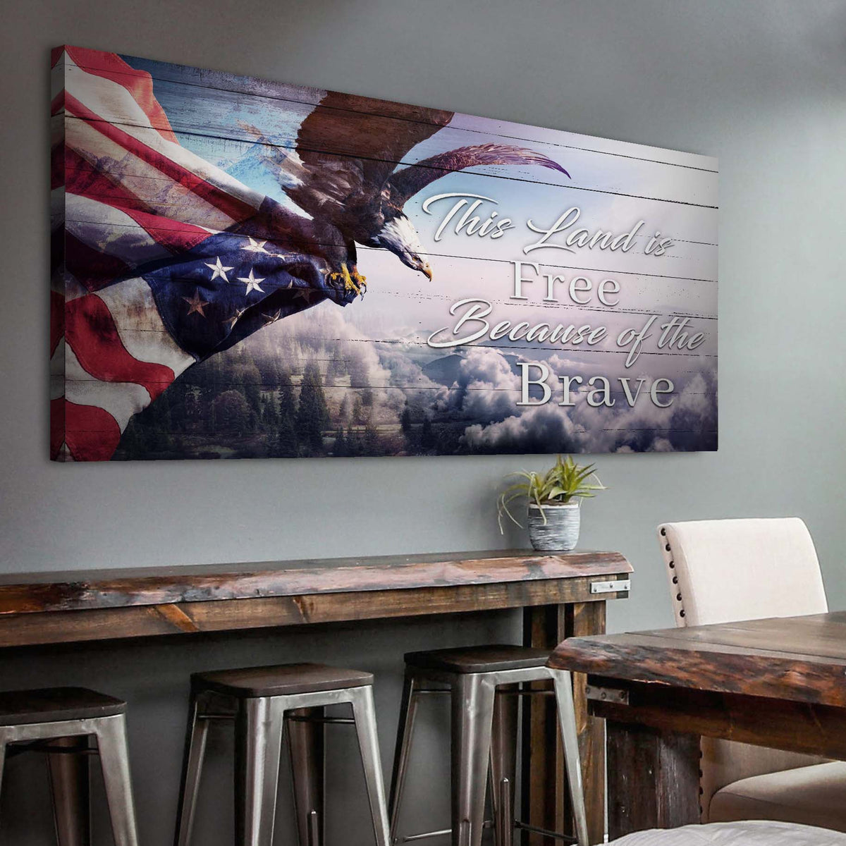 God Bless America Sign canvas with patriotic eagle and American flag on distressed wood on Tampa Home & Garden Store