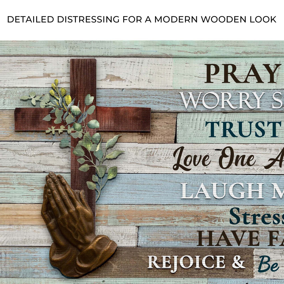 Canvas sign reading Trust God Love One Another in distressed wood by Tailored Canvases on Tampa Home & Garden Store