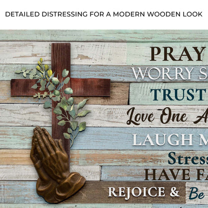 Canvas sign reading Trust God Love One Another in distressed wood by Tailored Canvases on Tampa Home & Garden Store