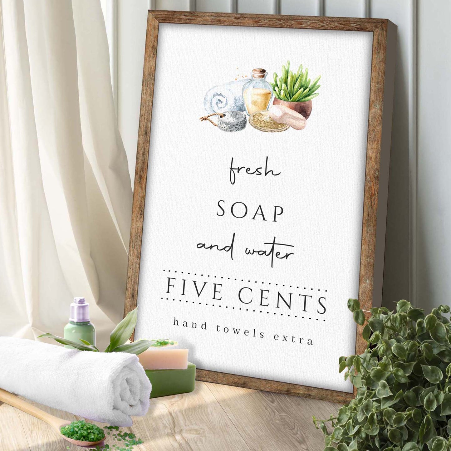 Fresh Soap And Water canvas sign with wooden frame and white textured canvas on Tampa Home & Garden Store