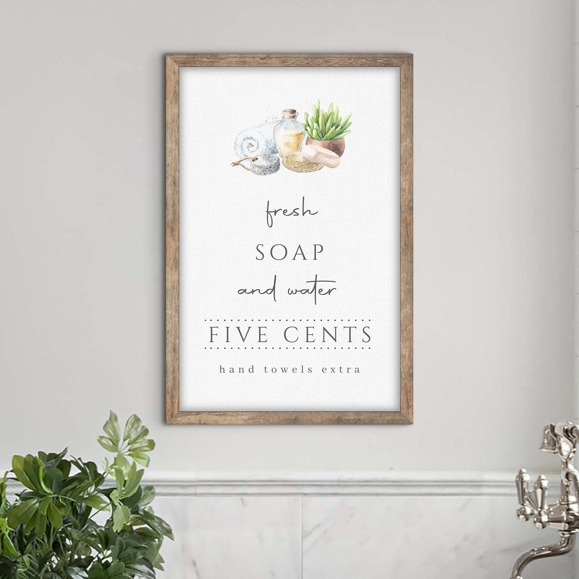 Fresh Soap And Water Bathroom Sign III canvas framed in wood with watercolor soap and plant on Tampa Home & Garden Store
