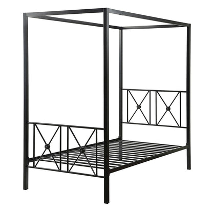 Cama Twin con dosel de metal negro con detalles de medallones
