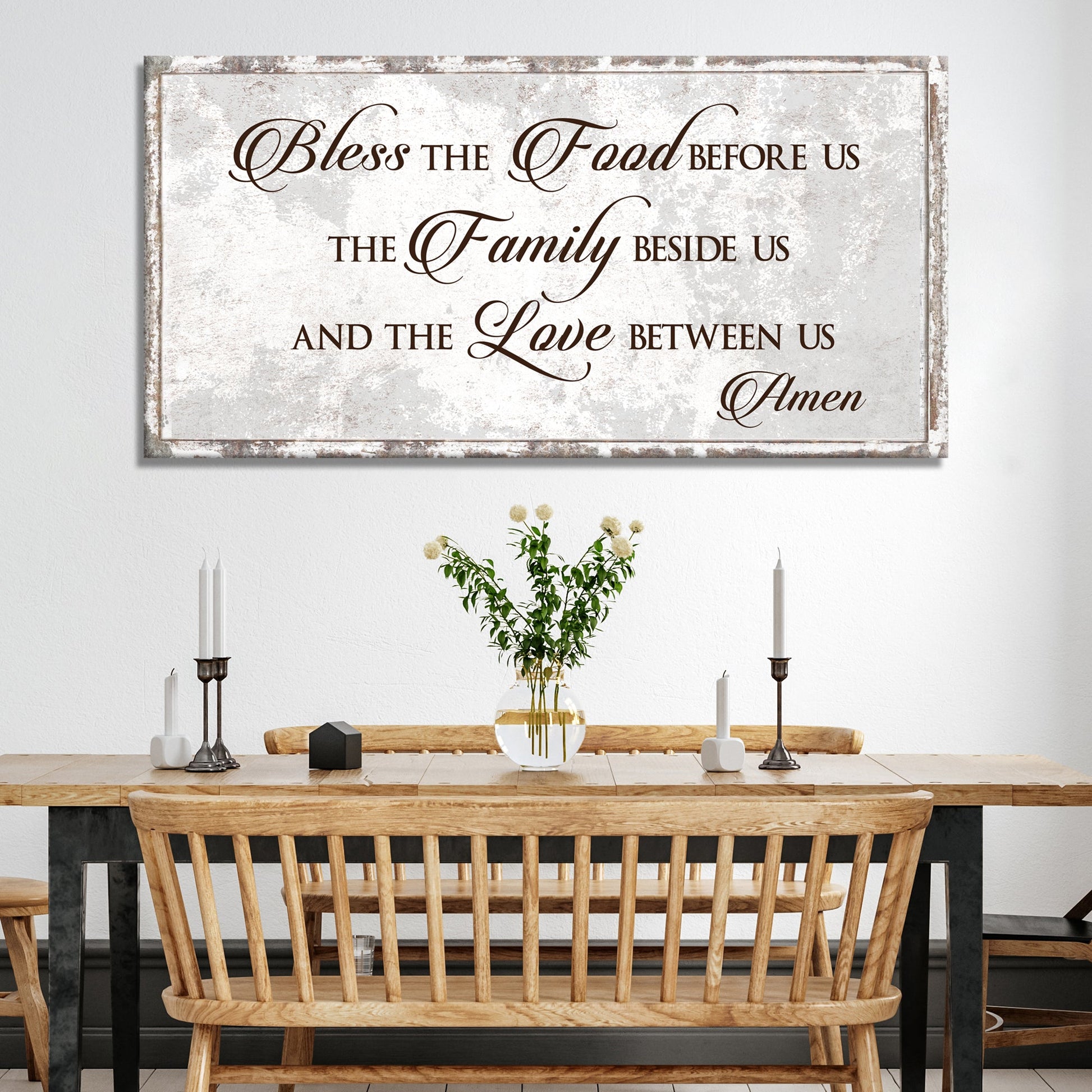 Bless Our Food Family and Love Sign canvas by Tailored Canvases with rustic backdrop and script on Tampa Home & Garden Store