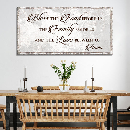 Bless Our Food Family and Love Sign canvas by Tailored Canvases with rustic backdrop and script on Tampa Home & Garden Store