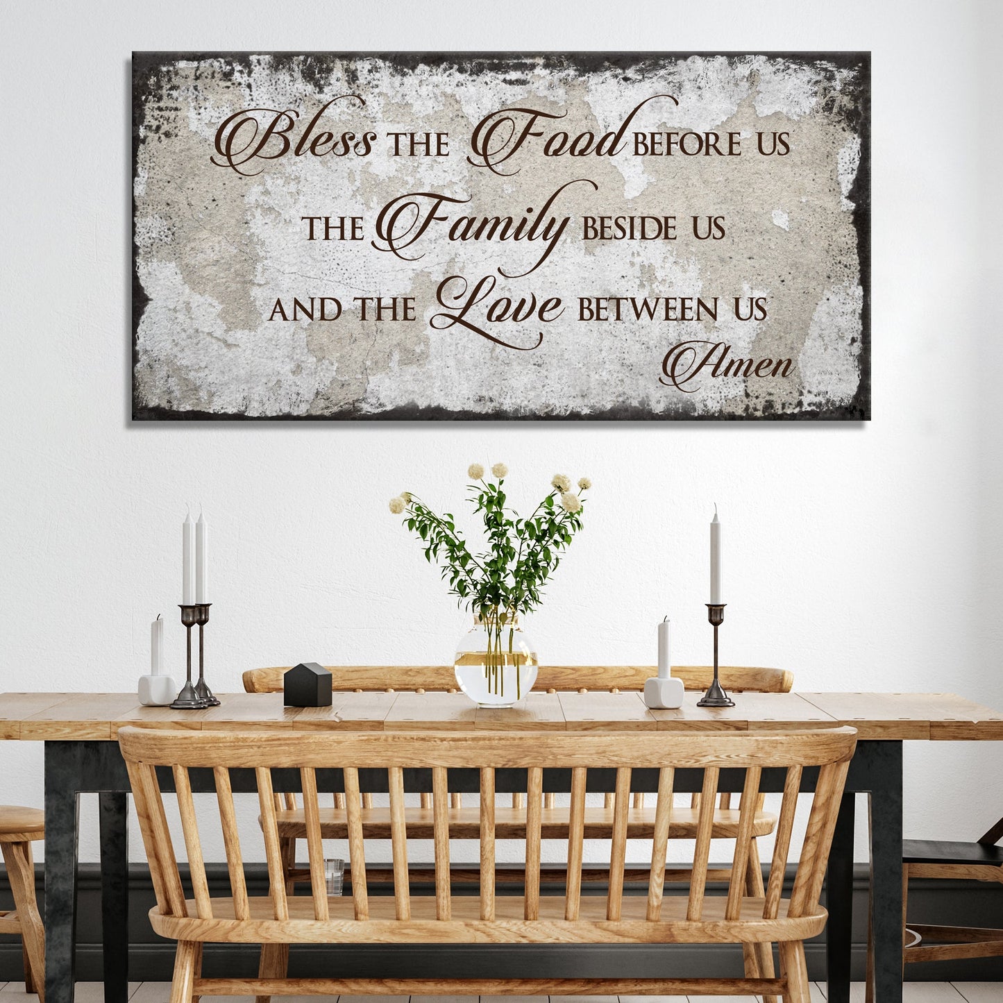 Bless Our Food, Family, And Love Sign canvas by Tailored Canvases with brown script on beige on Tampa Home & Garden Store