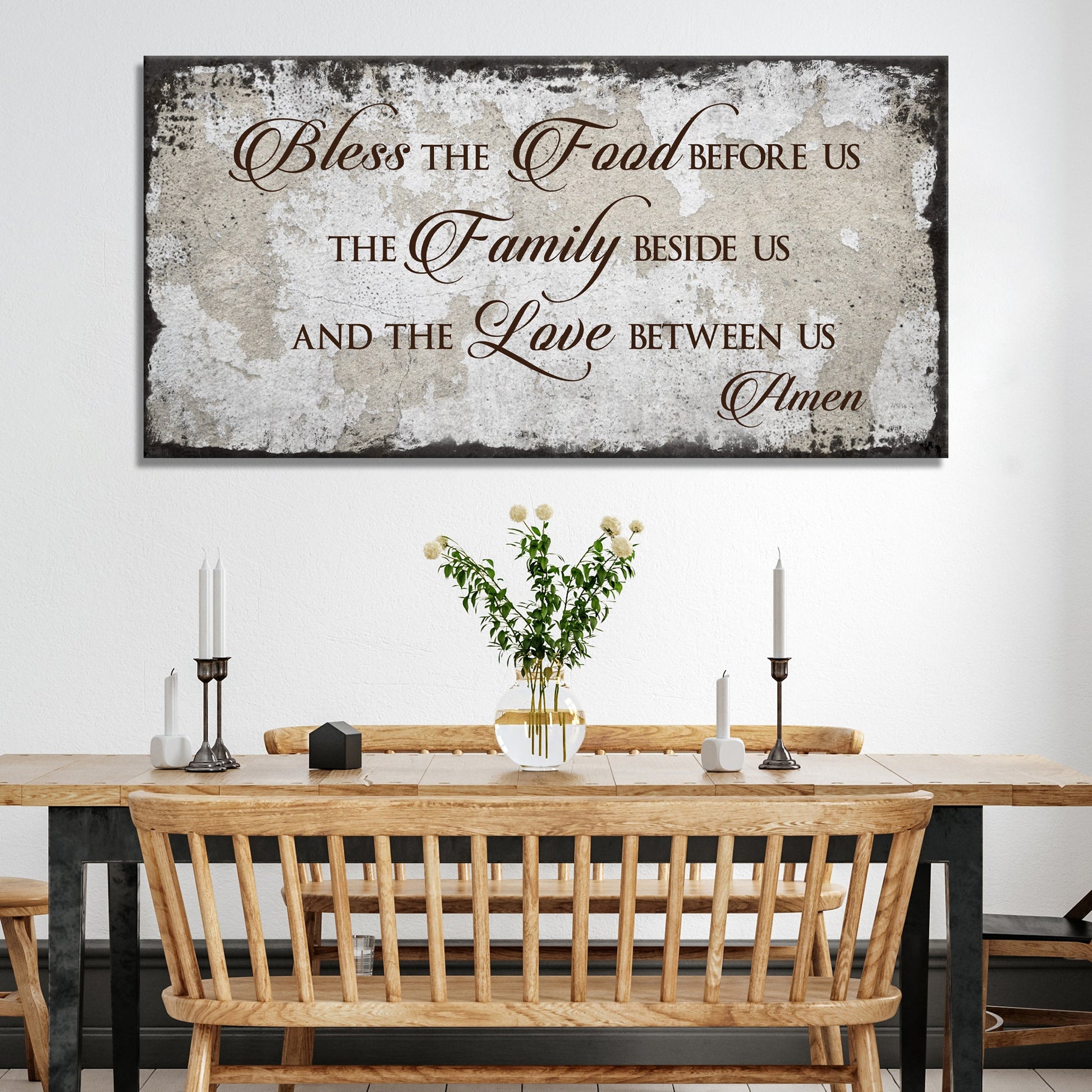 Bless Our Food, Family, And Love Sign canvas by Tailored Canvases with brown script on beige on Tampa Home & Garden Store