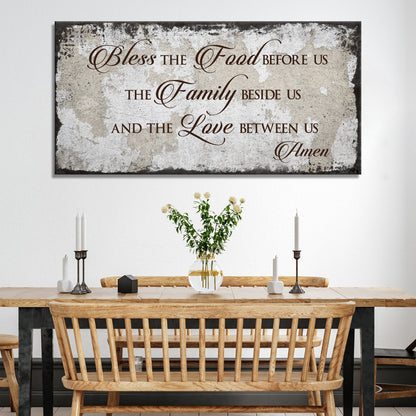 Bless Our Food, Family, And Love Sign canvas by Tailored Canvases with brown script on beige on Tampa Home & Garden Store
