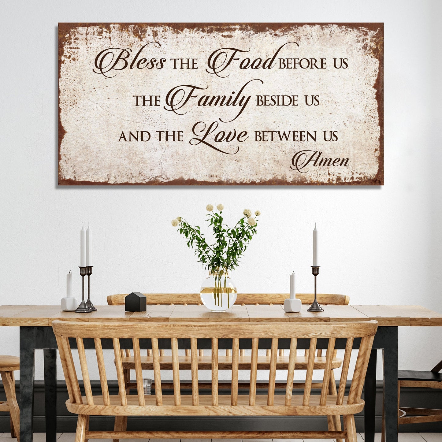 Bless Our Food, Family, And Love Sign canvas with parchment look by Tailored Canvases on Tampa Home & Garden Store