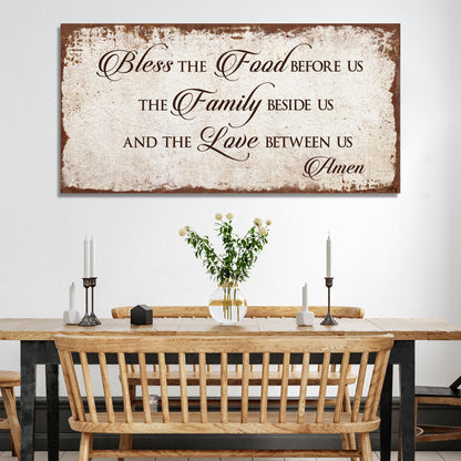 Bless Our Food, Family, And Love Sign canvas with parchment look by Tailored Canvases on Tampa Home & Garden Store