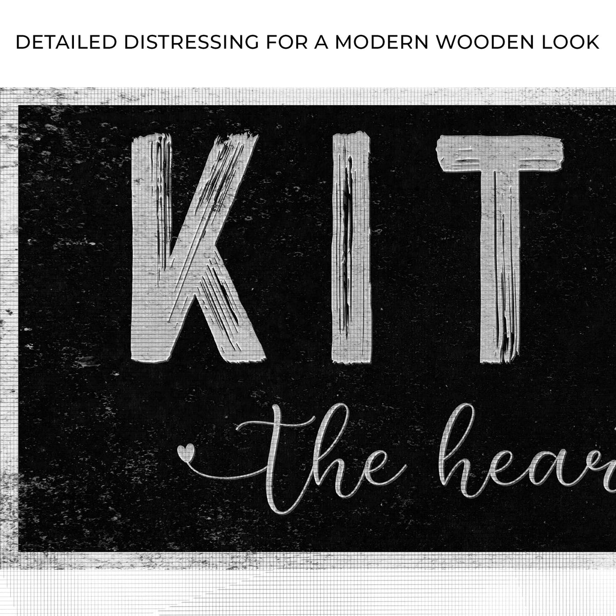 Canvas sign Kitchen Is The Heart Of The Home III with distressed black backdrop and white script on Tampa Home & Garden Store