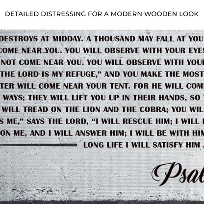 Psalm 91 Sign IV canvas by Tailored Canvases with black scripture text on distressed background on Tampa Home & Garden Store