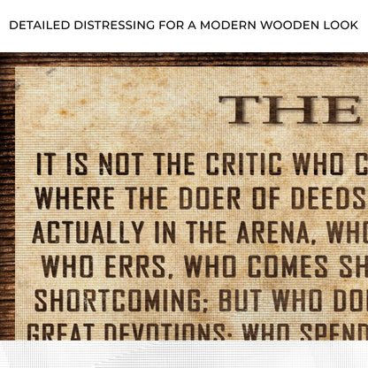 The Man In The Arena Sign V canvas by Tailored Canvases; aged parchment look with wood frame on Tampa Home & Garden Store