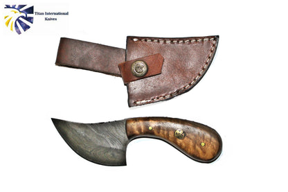 TD-090 fixed-blade knife with wood handle in brown leather sheath; Titan International K logo on Tampa Home & Garden Store