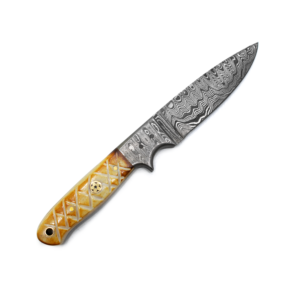 Drop Point Damascus blade TD-102 by Titan with intricate wave pattern and carved bone handle on Tampa Home & Garden Store