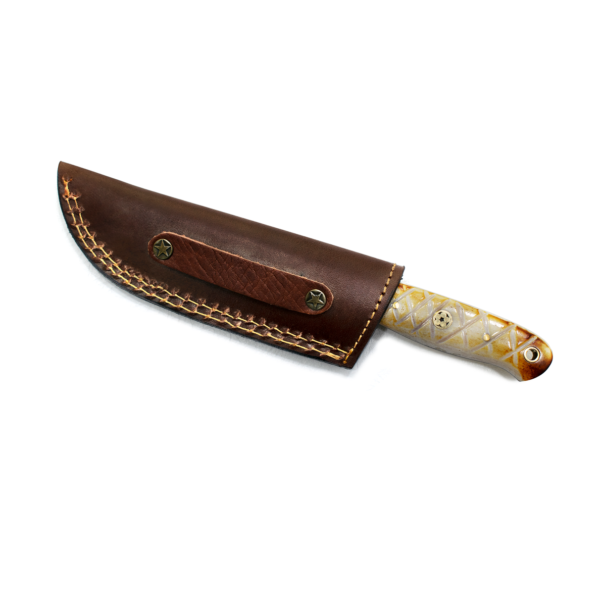 Drop Point Damascus knife TD-102 by Titan International K in brown leather sheath on Tampa Home & Garden Store