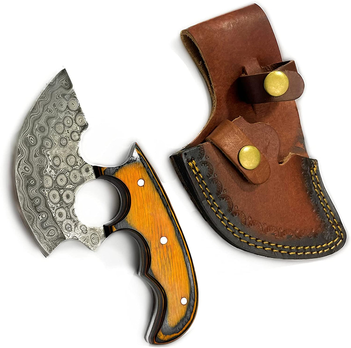 Damascus Titan Ulu knife with swirled blade, wood handle, brown leather sheath TD-315 on Tampa Home & Garden Store