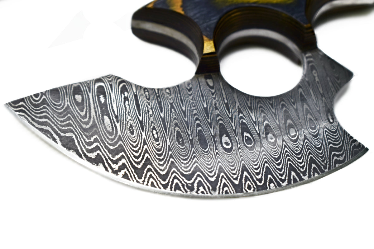Titan Custom Alaskan Ulu Damascus steel knife with patterned blade and dark wood handle on Tampa Home & Garden Store