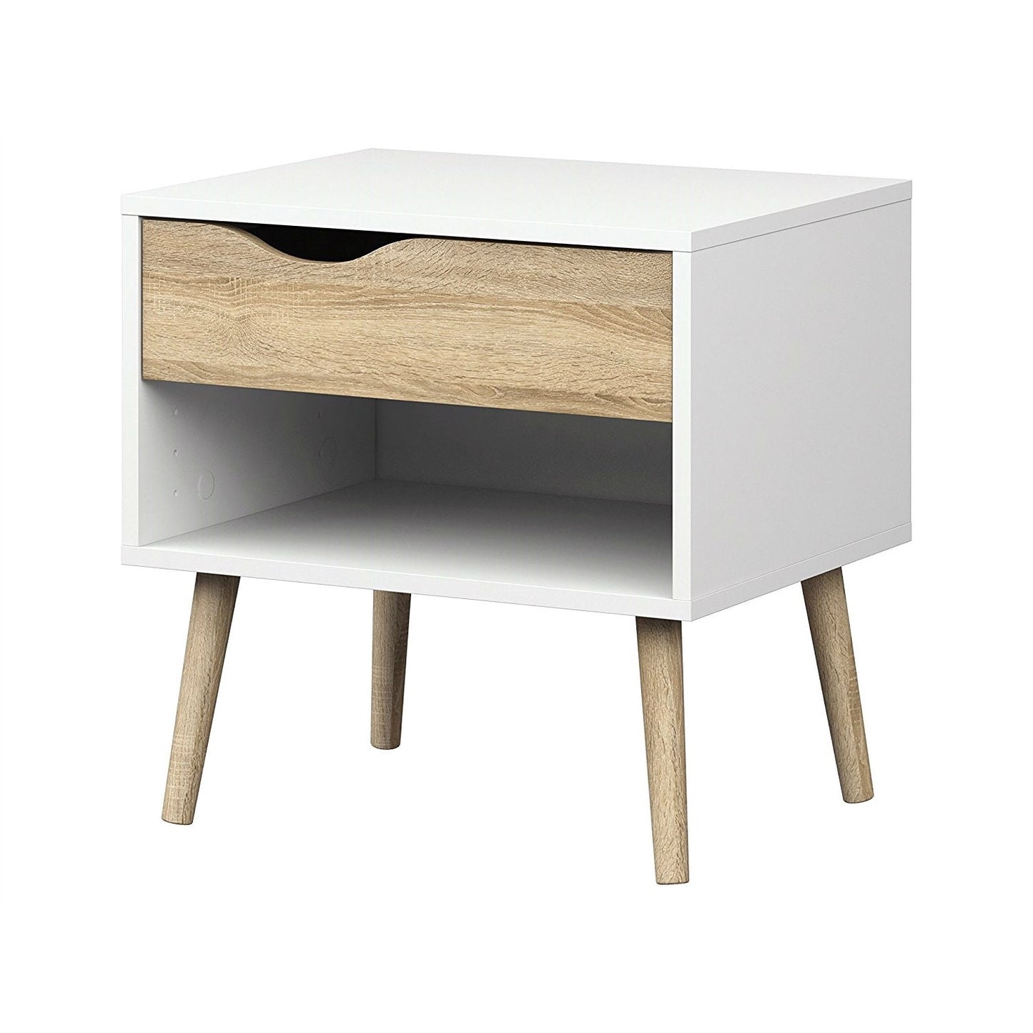 Mesa auxiliar/Mesita de noche de estilo moderno de mediados de siglo en acabado blanco y roble