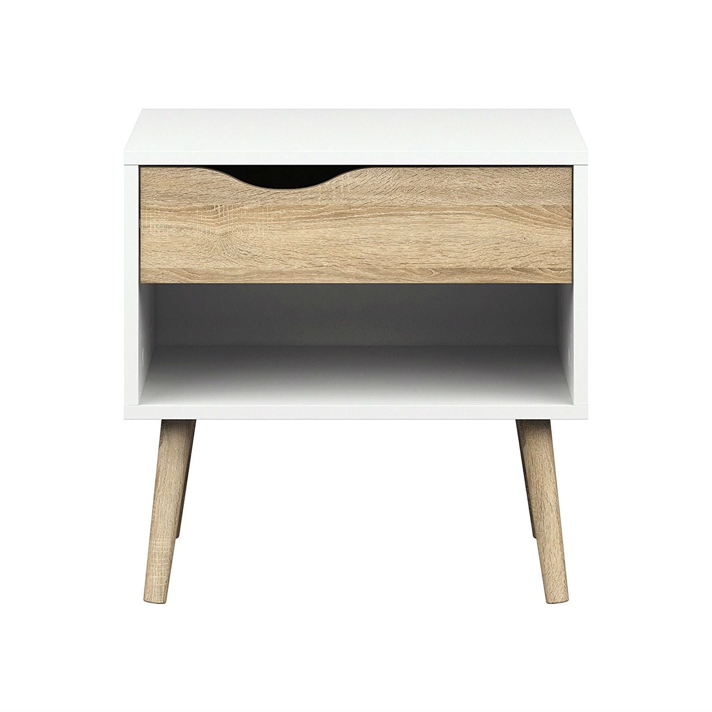Mesa auxiliar/Mesita de noche de estilo moderno de mediados de siglo en acabado blanco y roble