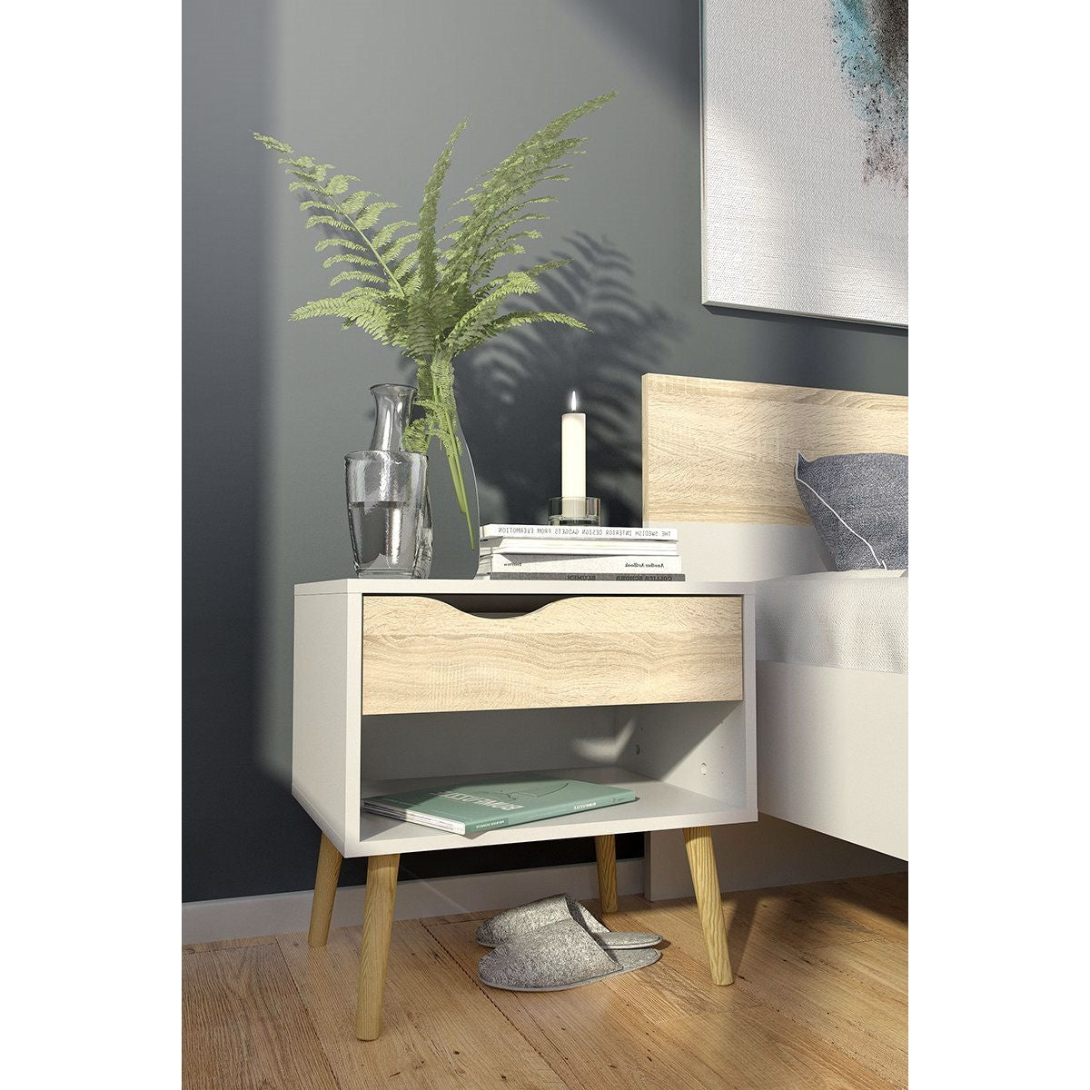 Mesa auxiliar/Mesita de noche de estilo moderno de mediados de siglo en acabado blanco y roble