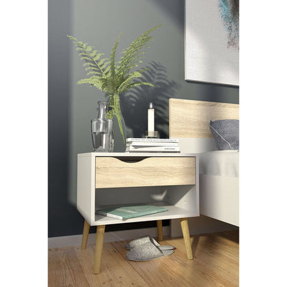 Mesa auxiliar/Mesita de noche de estilo moderno de mediados de siglo en acabado blanco y roble
