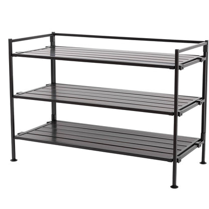 Zapatero apilable plegable de resina con vetas de madera marrón espresso de 3 niveles de metal