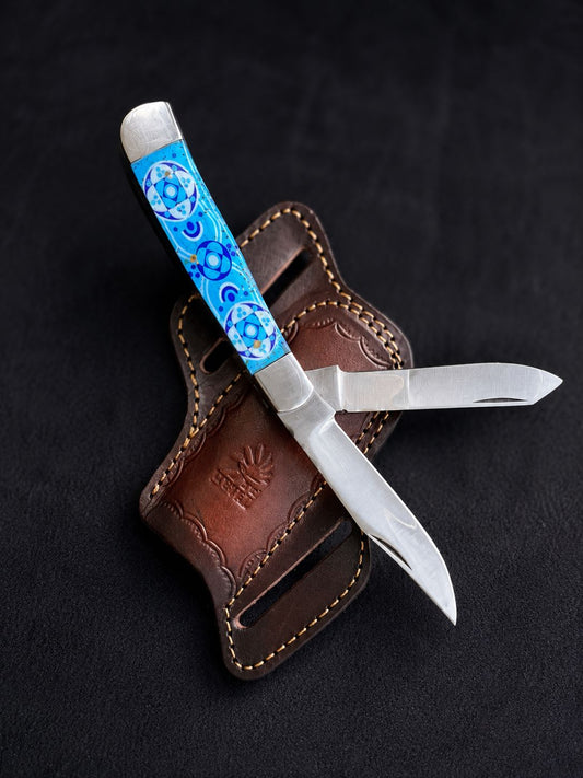 Titan Zellige Tile double-blade knife with turquoise mosaic resin and leather belt sheath TF-119 on Tampa Home & Garden Store