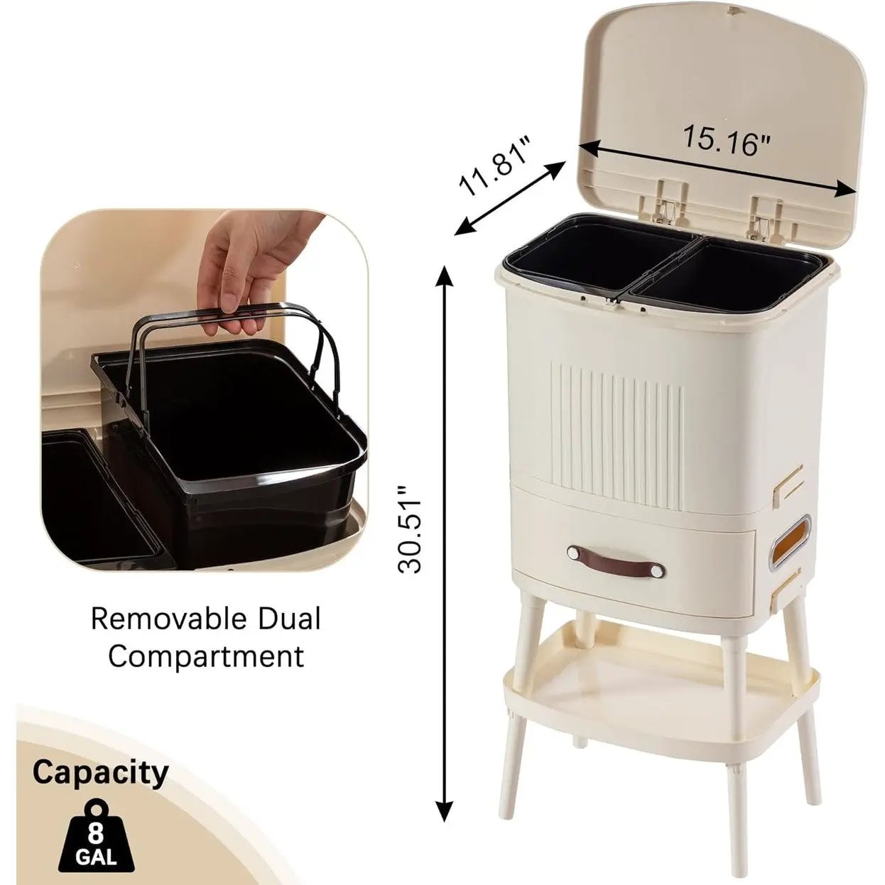 8 Gallon Elevated Trash Can with Lid and Shelf
