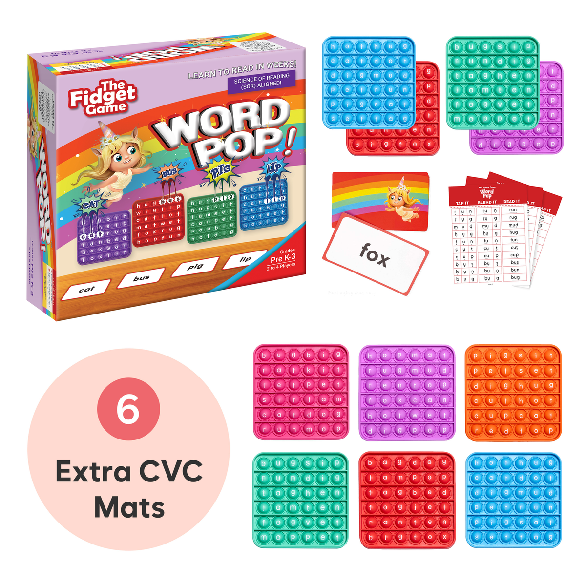Word Pop reading toy by The Fidget Games with colorful letter-pop mats and extra CVC mats on Tampa Home & Garden Store