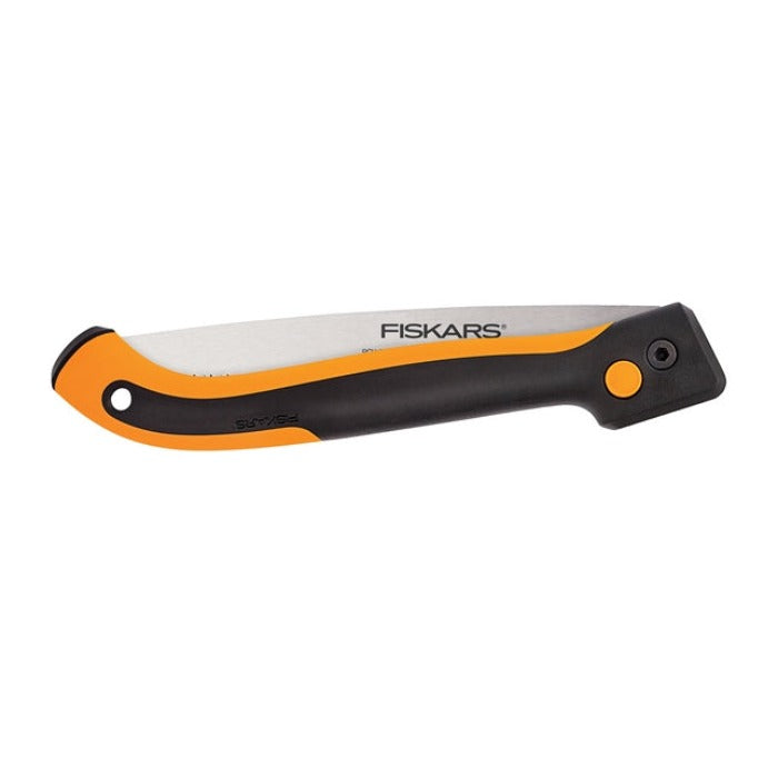 Fiskars 10-Inch Power Tooth Softgrip Folding Saw with orange and black handle on Tampa Home & Garden Store