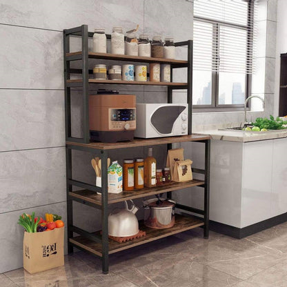 Estantería de panadero de cocina moderna industrial, veta de madera marrón, marco de metal resistente