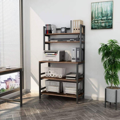 Estantería de panadero de cocina moderna industrial, veta de madera marrón, marco de metal resistente