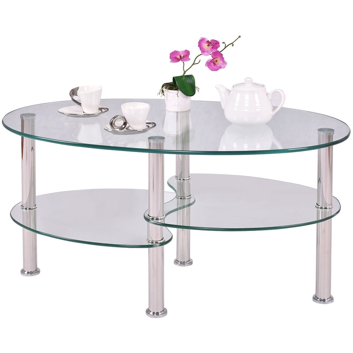 Mesa de centro ovalada moderna de cristal templado con estante inferior